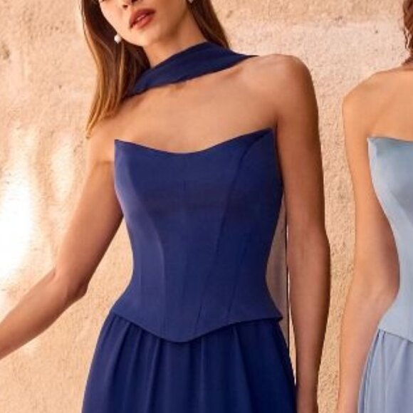 New Navy Strapless A-Line Bridesmaid Chiffon Dress w/ Matching Scarf CD386 - Picture 9 of 10